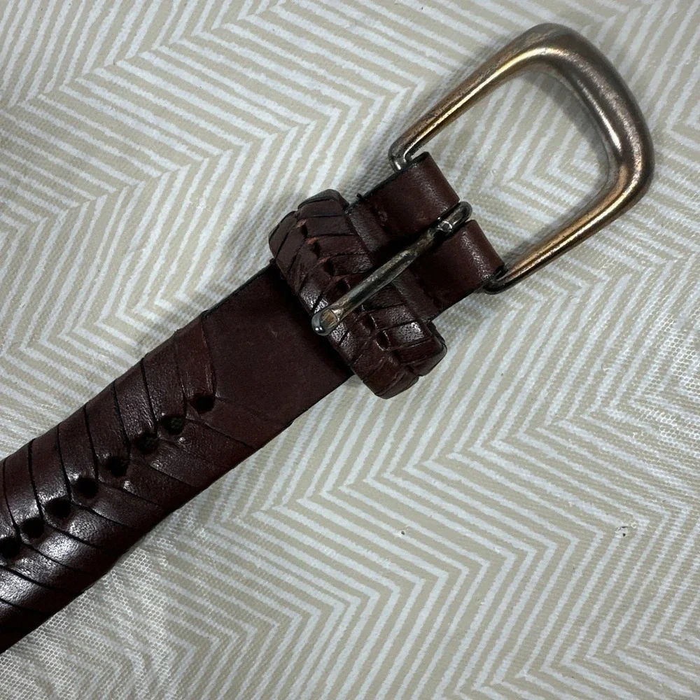 Mens Woven Braided Brown Leather Belt 100% genuine leather Solid Brass Buckle 32